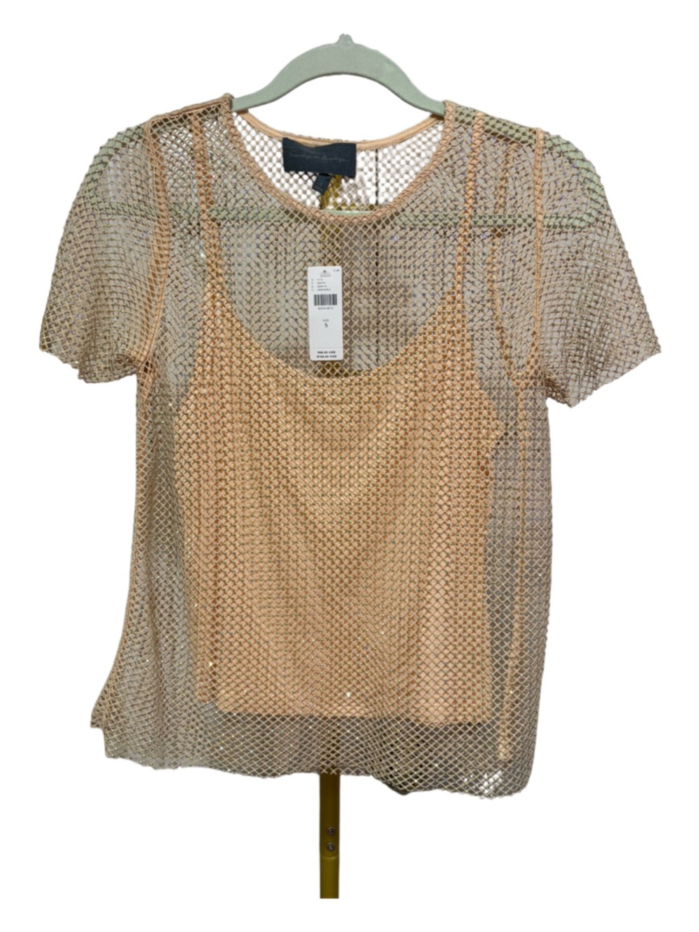 NWT - Anthropologie, Sunday in Brooklyn Rhinestone Mesh Top Blush Gold (S)